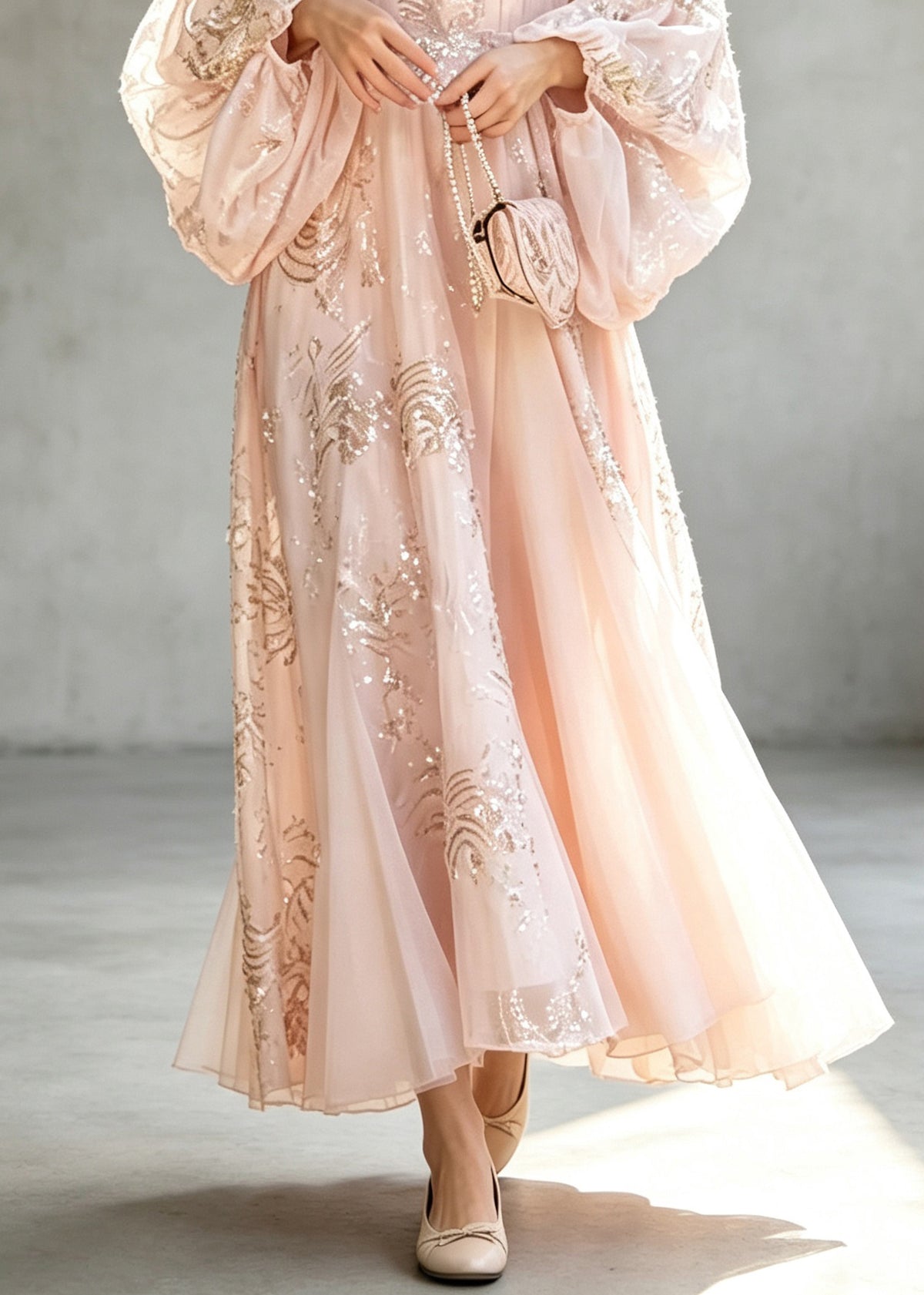 Women Pink V Neck Embroidered Patchwork Silk Maxi Dress Lantern Sleeve