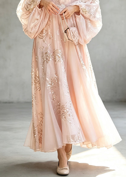 Women Pink V Neck Embroidered Patchwork Silk Maxi Dress Lantern Sleeve