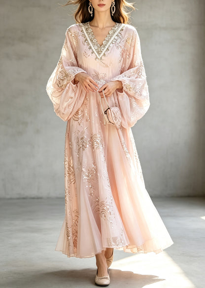 Women Pink V Neck Embroidered Patchwork Silk Maxi Dress Lantern Sleeve