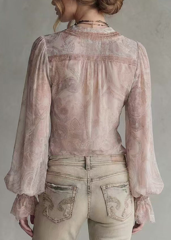 Women Pink V Neck Patchwork Lace Blouses Flare Sleeve