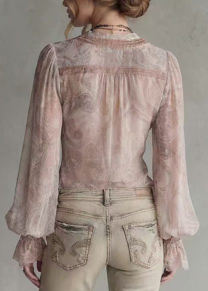 Women Pink V Neck Patchwork Lace Blouses Flare Sleeve
