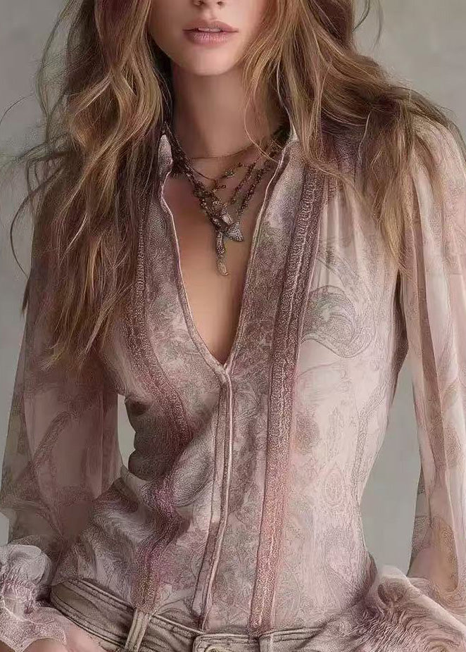 Women Pink V Neck Patchwork Lace Blouses Flare Sleeve