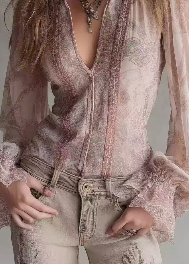 Women Pink V Neck Patchwork Lace Blouses Flare Sleeve