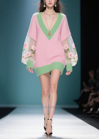 Women Pink V Neck Patchwork Tulle Sweater Dress Winter