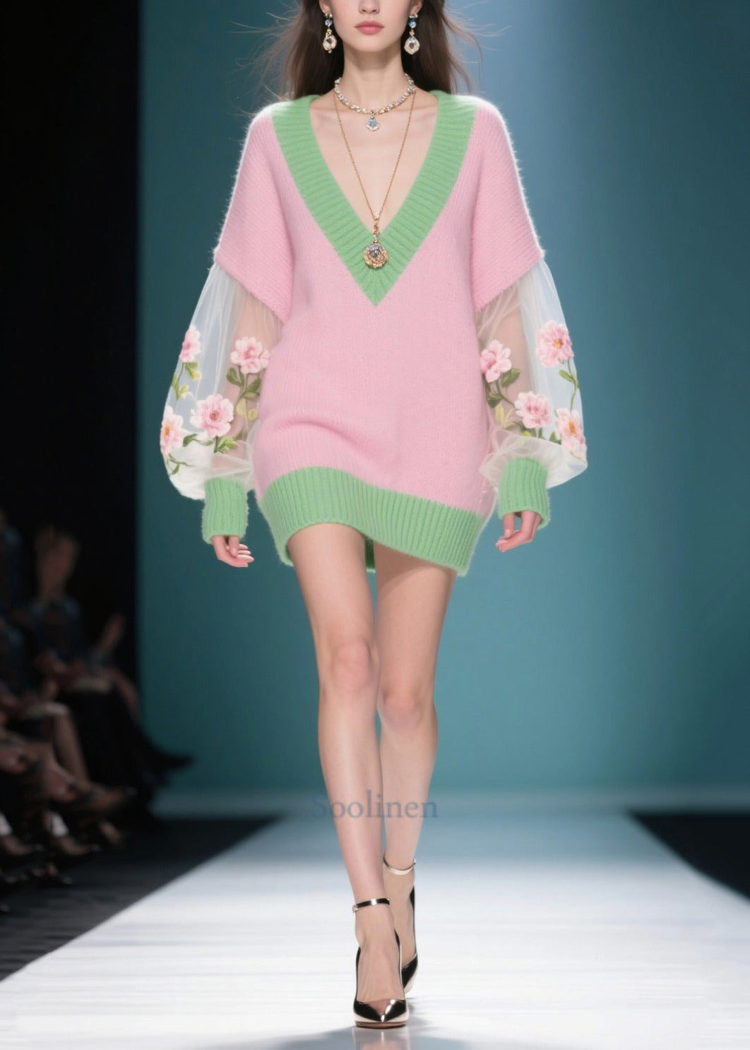 Women Pink V Neck Patchwork Tulle Sweater Dress Winter