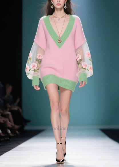 Women Pink V Neck Patchwork Tulle Sweater Dress Winter