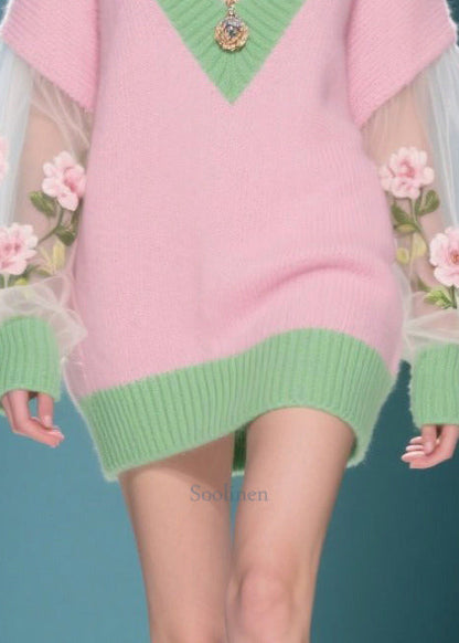 Women Pink V Neck Patchwork Tulle Sweater Dress Winter
