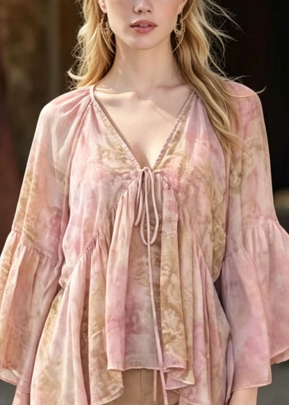 Women Pink V Neck Print Chiffon Blouse Top Flare Sleeve