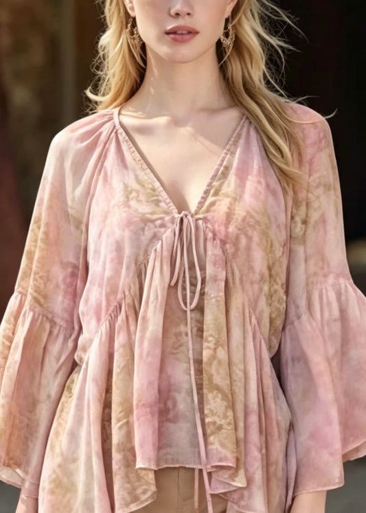 Women Pink V Neck Print Chiffon Blouse Top Flare Sleeve