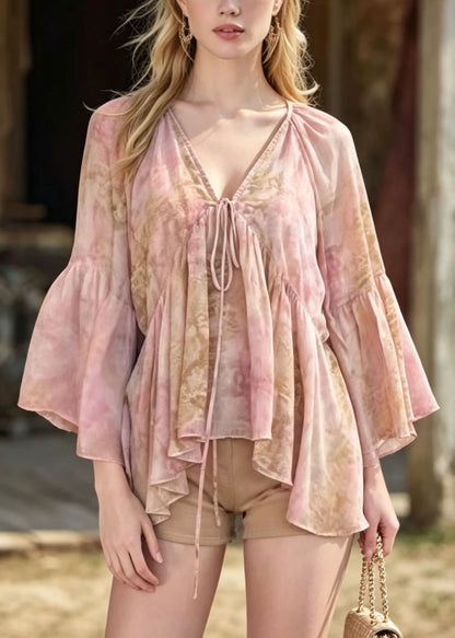Women Pink V Neck Print Chiffon Blouse Top Flare Sleeve