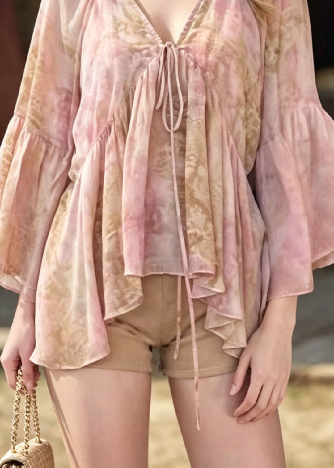 Women Pink V Neck Print Chiffon Blouse Top Flare Sleeve