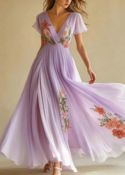 Women Pink V Neck Print Wrinkled Chiffon Long Dresses Summer