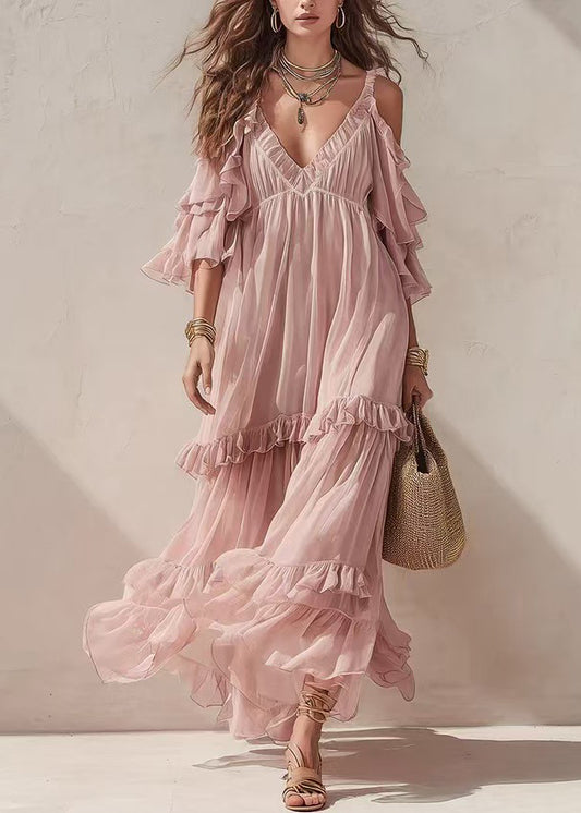 Women Pink V Neck Ruffled Cold Shoulder Long Dress Summer