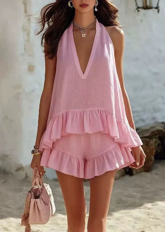 Women Pink V Neck Ruffled Patchwork Cotton Two Piece Set Sleeveless