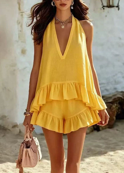 Women Pink V Neck Ruffled Patchwork Cotton Two Piece Set Sleeveless