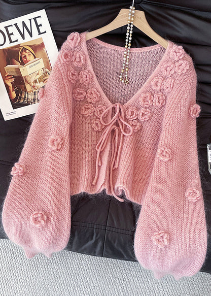 Women Pink V Neck Stereoscopic Floral Knit Cardigans Fall