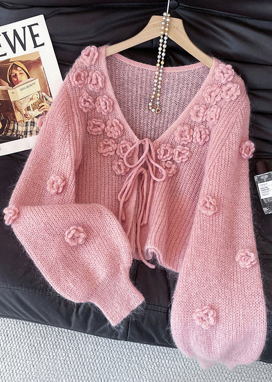 Women Pink V Neck Stereoscopic Floral Knit Cardigans Fall