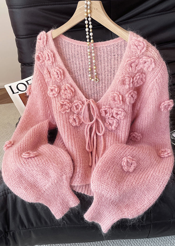 Women Pink V Neck Stereoscopic Floral Knit Cardigans Fall