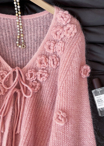 Women Pink V Neck Stereoscopic Floral Knit Cardigans Fall