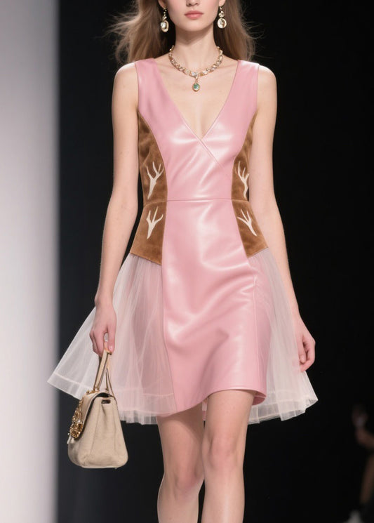 Women Pink V Neck Tulle Patchwork Faux Leather Dresses Summer