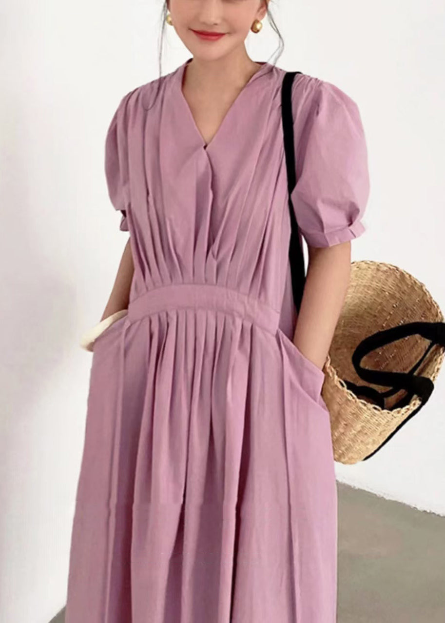 Women Pink Wrinkled Pockets Tie Waist Cotton Long Dresses Summer