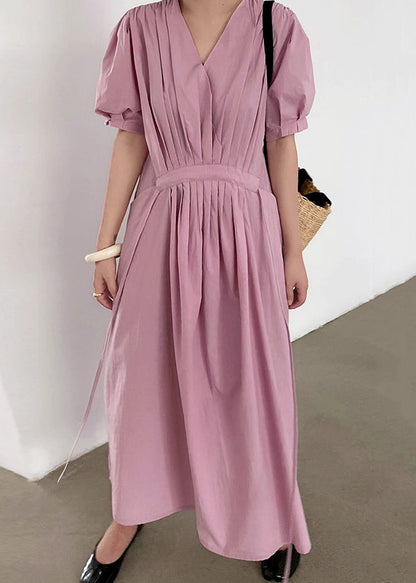 Women Pink Wrinkled Pockets Tie Waist Cotton Long Dresses Summer