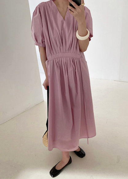 Women Pink Wrinkled Pockets Tie Waist Cotton Long Dresses Summer