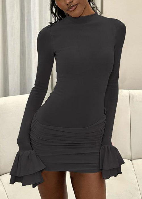 Women Pink Wrinkled Solid Cotton Mini Dresses Flare Sleeve