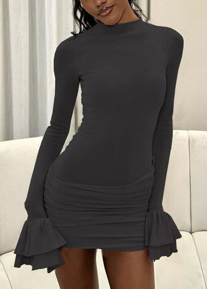 Women Pink Wrinkled Solid Cotton Mini Dresses Flare Sleeve