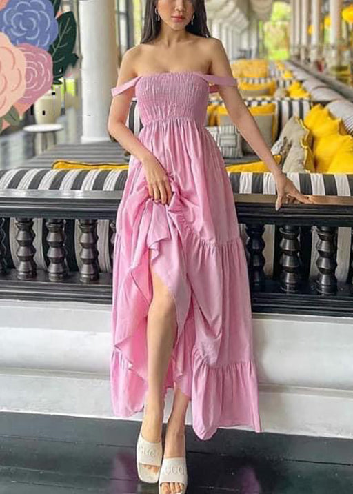 Women Pink Wrinkled Solid Cotton Spaghetti Strap Dress Sleeveless