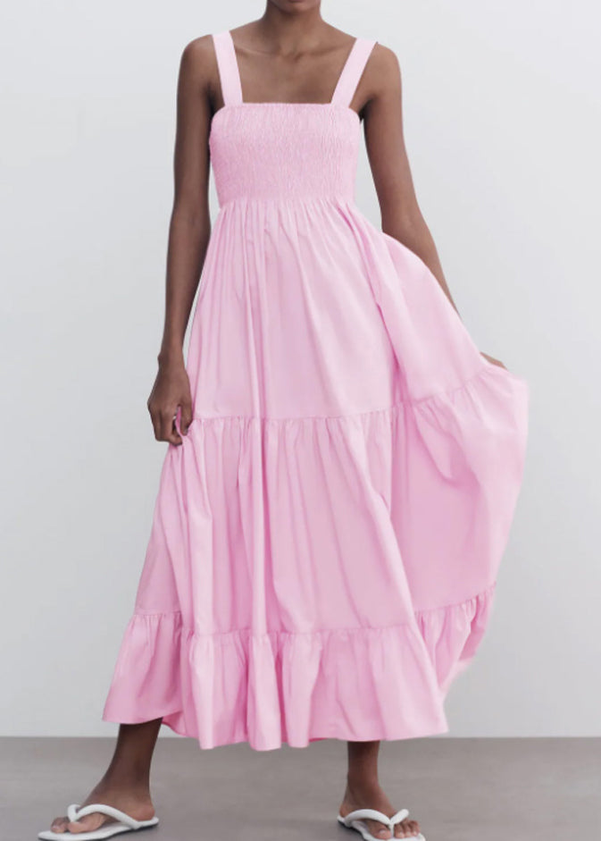 Women Pink Wrinkled Solid Cotton Spaghetti Strap Dress Sleeveless