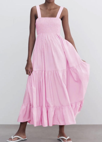 Women Pink Wrinkled Solid Cotton Spaghetti Strap Dress Sleeveless