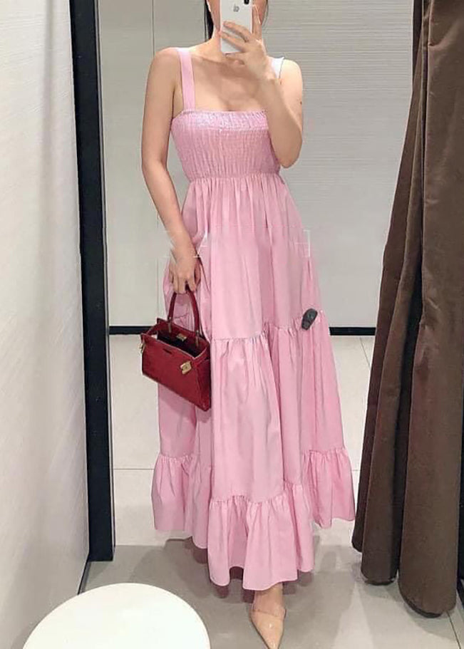 Women Pink Wrinkled Solid Cotton Spaghetti Strap Dress Sleeveless