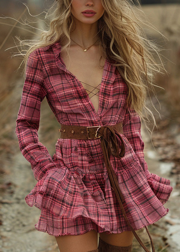 Women Plaid Ruffled Pastoral Style Long Sleeve Mini Dress