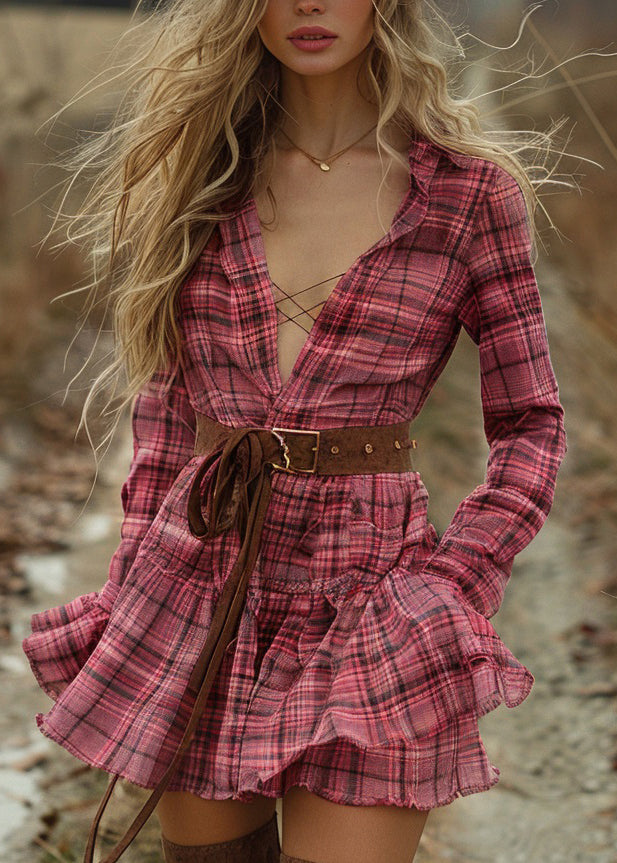 Women Plaid Ruffled Pastoral Style Long Sleeve Mini Dress