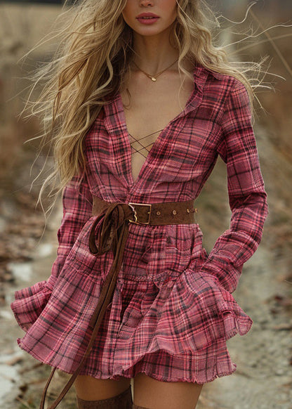 Women Plaid Ruffled Pastoral Style Long Sleeve Mini Dress