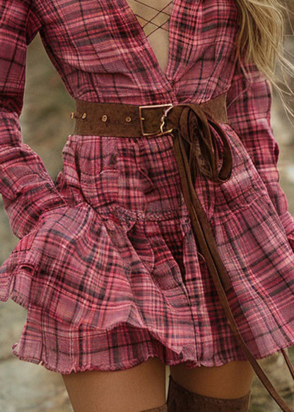 Women Plaid Ruffled Pastoral Style Long Sleeve Mini Dress