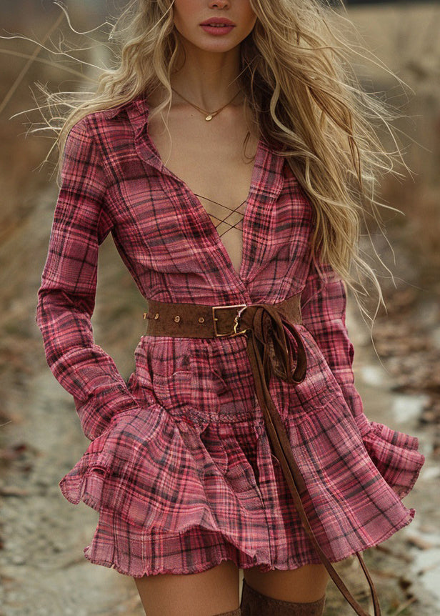 Women Plaid Ruffled Pastoral Style Long Sleeve Mini Dress