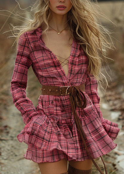 Women Plaid Ruffled Pastoral Style Long Sleeve Mini Dress