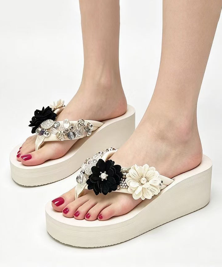 Women Platform White Flower Faux Leather Thong Sandals