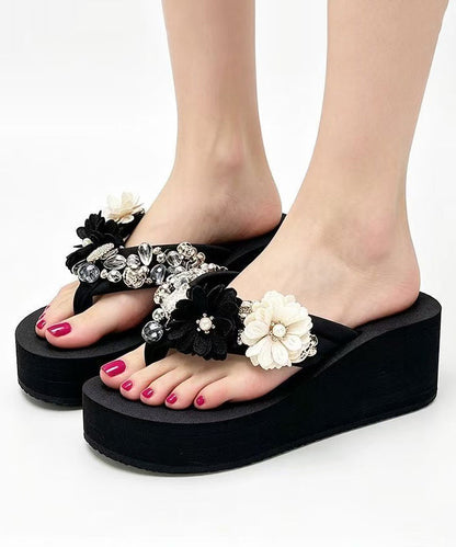 Women Platform White Flower Faux Leather Thong Sandals