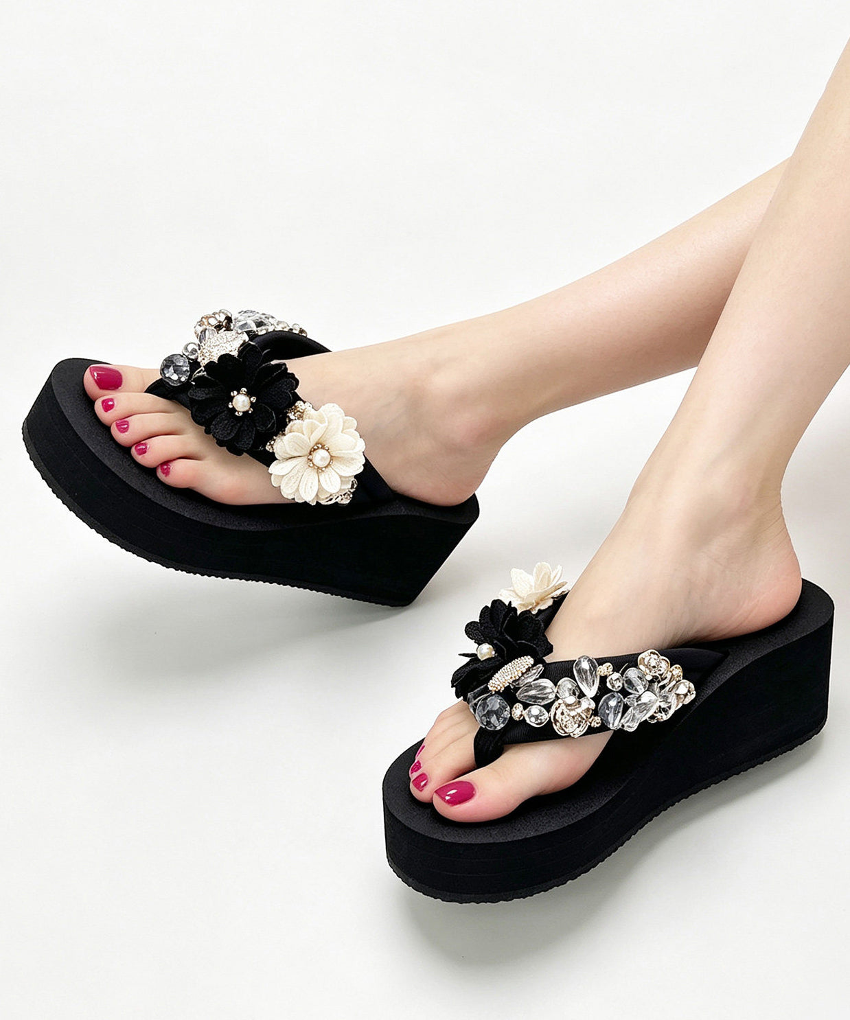Women Platform White Flower Faux Leather Thong Sandals