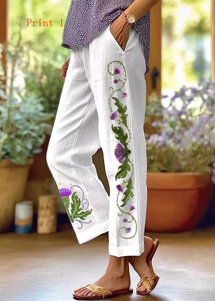 Women Pockets Print Drawstring High Waist Cotton Pants Summer