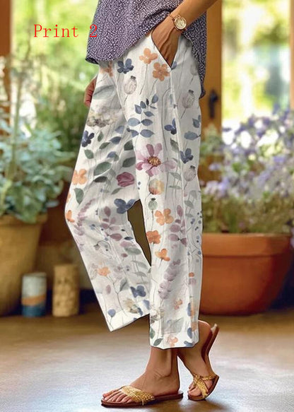 Women Pockets Print Drawstring High Waist Cotton Pants Summer