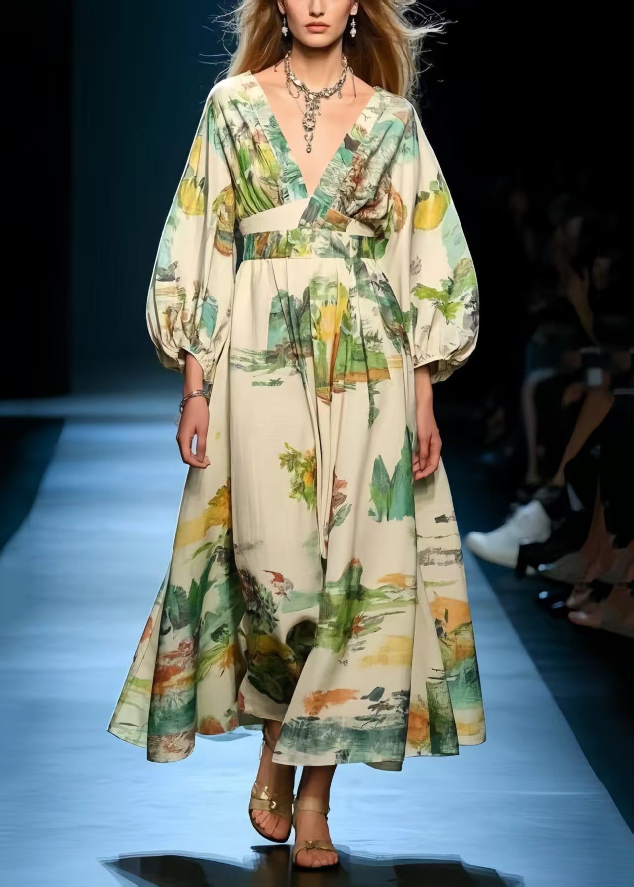 Women Print Exra Large Hem Cotton Long Dress Spring