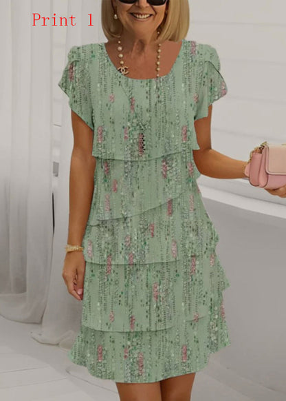 Women Print O Neck Ruffled Patchwork Chiffon Dress Summer