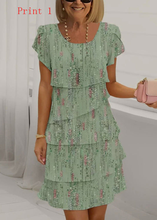Women Print O Neck Ruffled Patchwork Chiffon Dress Summer