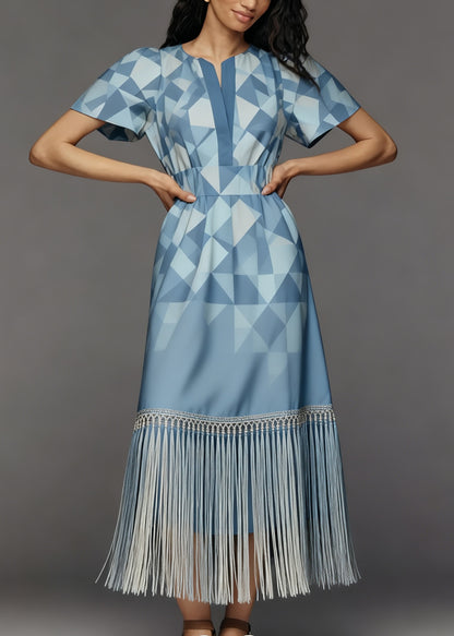 Women Print O Neck Tassel Patchwork Cotton Long Dresses Summer