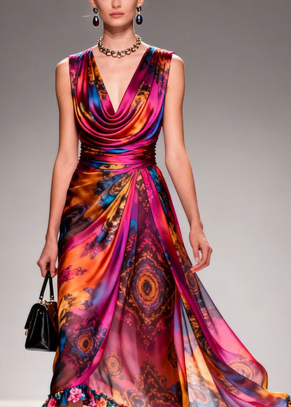 Women Print Ruffled Floral Patchwork Chiffon Dresses Sleeveless