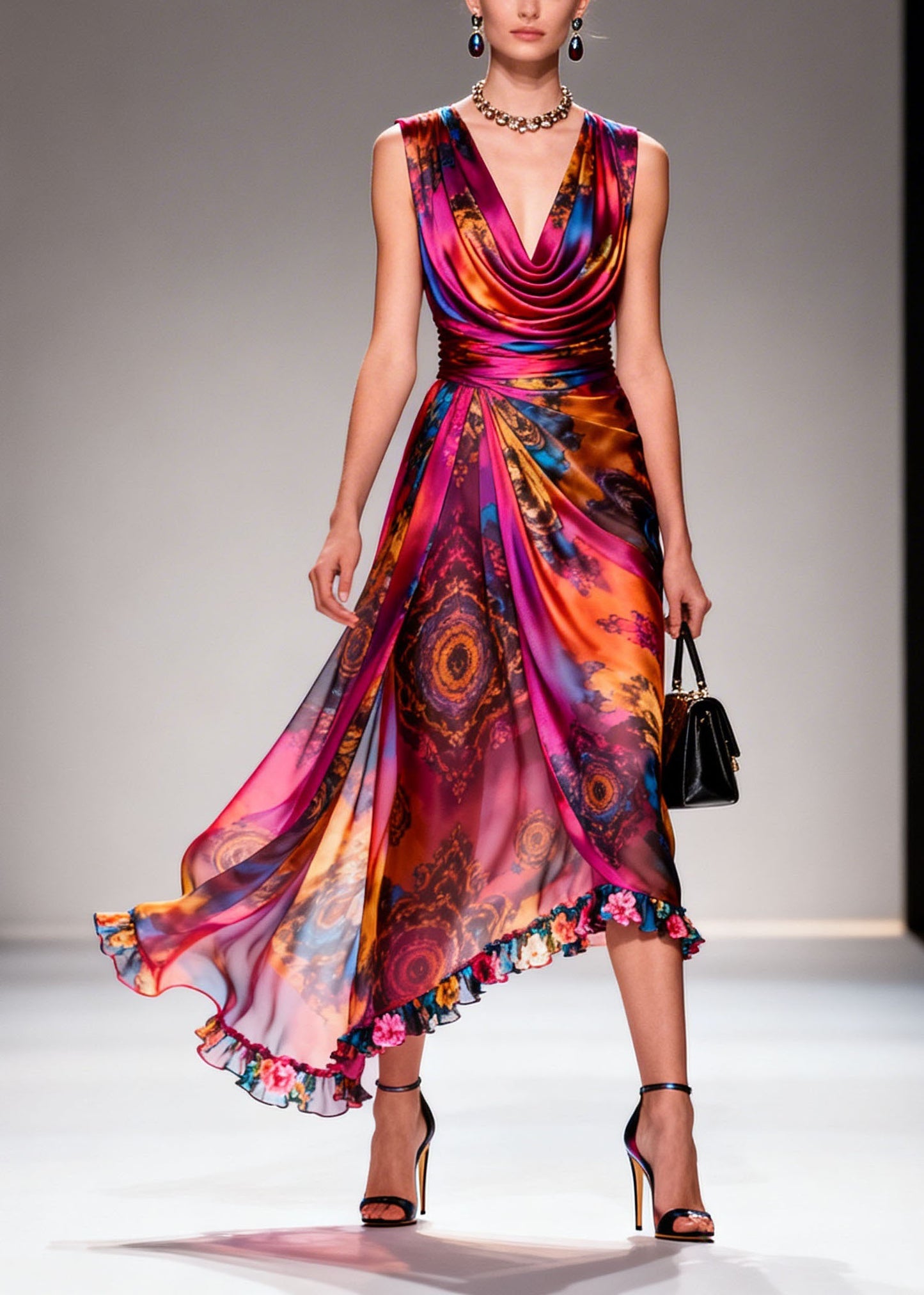Women Print Ruffled Floral Patchwork Chiffon Dresses Sleeveless
